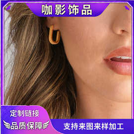 亚马逊跨境新款方扣耳环宫廷风复古气质铜耳钉甜美时尚通勤潮流女
