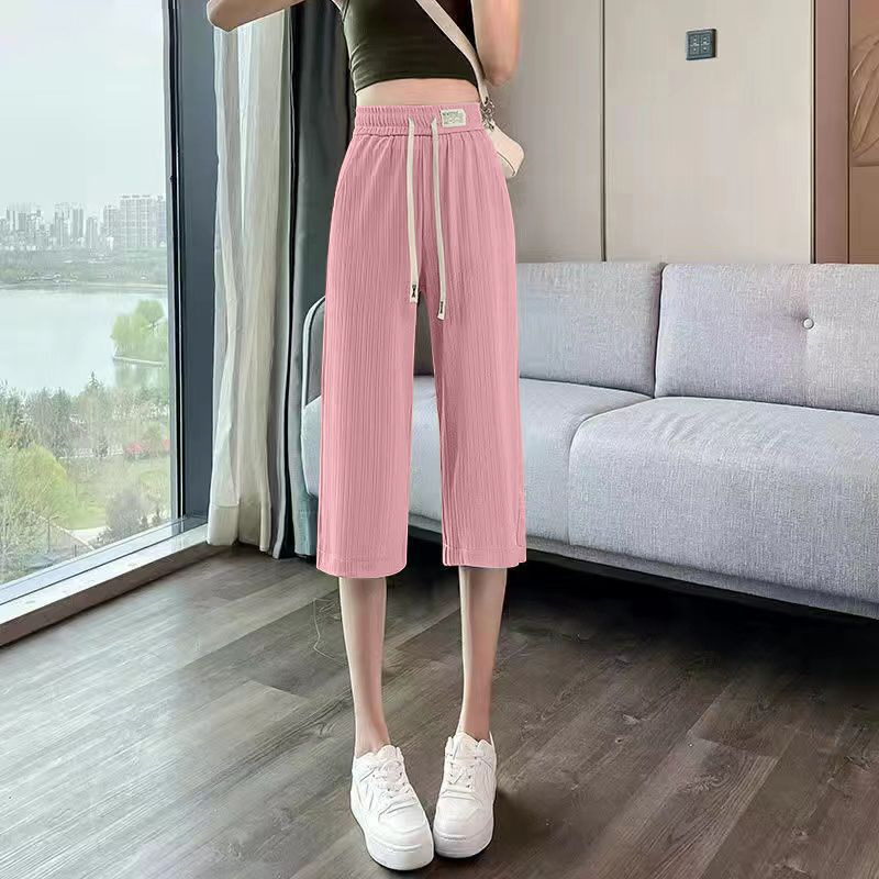 Ice Silk Cropped Wide-Leg Pants Women's Summer Thin Women's 2025 New Loose Slimming plus size Casual Sports Pants for Women