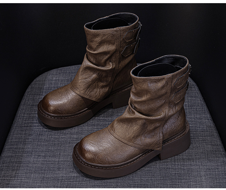 Giày bốt ngắn kiểu Anh nữ cổ thấp đế dày phong cách cưỡi ngựa xếp ly — M2656-1 kaki lót nhung, M2656 kaki một lớp bên trong, M2656 một lớp màu đen, M2656-1 màu đen lót nhung chi tiết 26