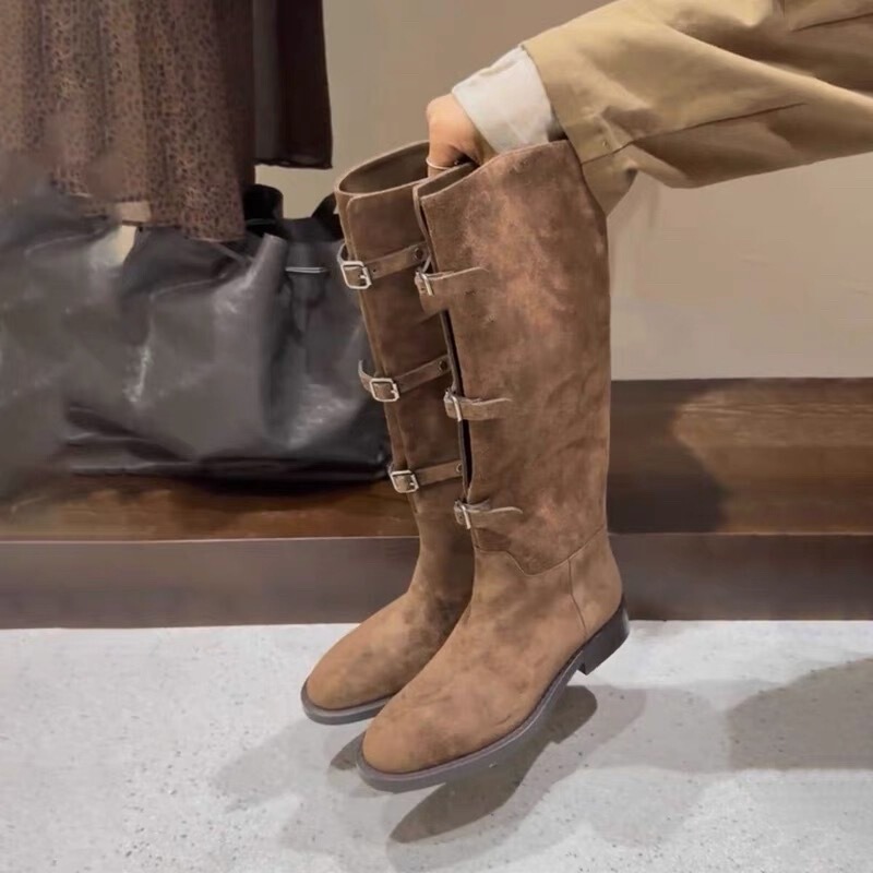 Cowhide version ~ Retro Joker Belt Buckle Rider Boots European and American Fashion Boots Knee-high Boots Boots High Boots Women