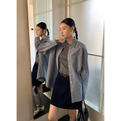 衣尔衫 精致的休闲 条纹宽松口袋中性风衬衫女POLO领韩系慵懒0540