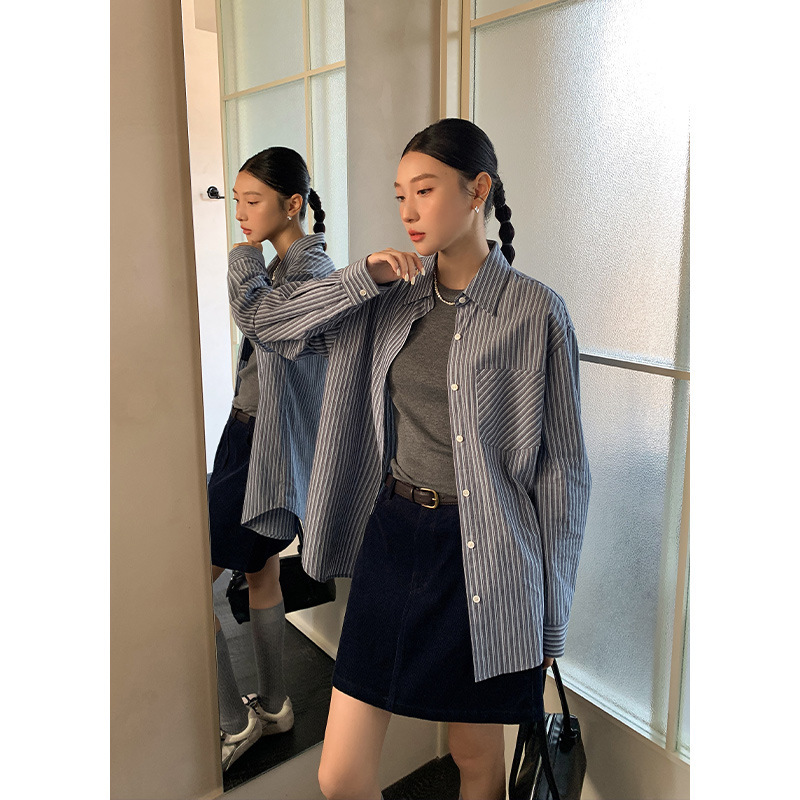 【No returns or exchanges】Striped loose-fitting pocket neutral style women's shirt with POLO collar, Korean style, casual 0540 【No returns or exchanges】Striped loose-fitting pocket neutral style women's shirt with POLO collar, Korean style, casual 0540