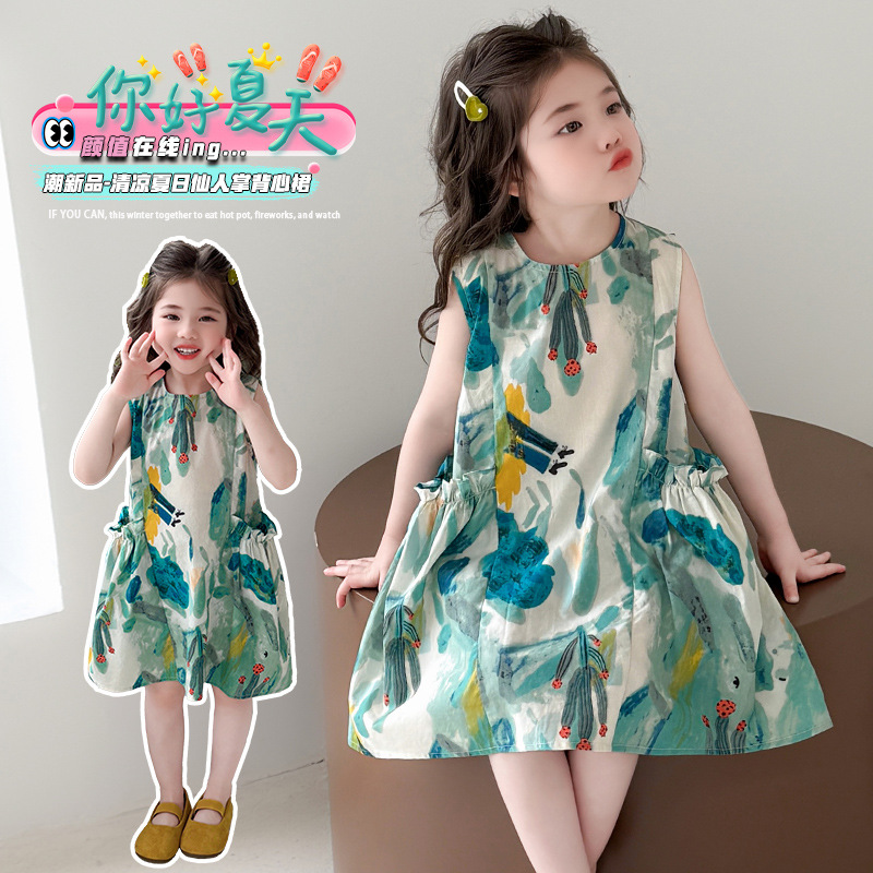 Girls Cactus Dress Summer 2025 New Style Fashionable Children Baby Girl Princess Vest Skirt Summer