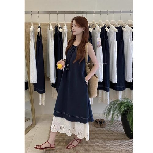 French lace spliced faux two-piece vest dress, women's summer new loose A-line maxi dress, elegant one-piece skirt.