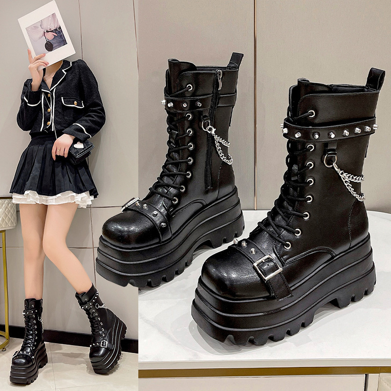 Autumn and Winter Women's Height-Increasing Boots, Mid-Calf Versatile Shoes, British Style Martin Boots, Large Size Women's Shoes, Round Toe Slimming Boots