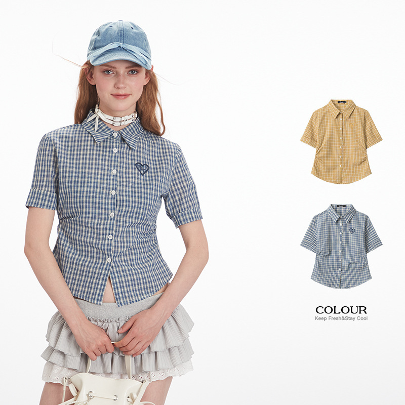 HeyHenry American-style Loving Waist Retro Casual Lapel Short-sleeved Shirt Women's Summer Plaid Half-sleeved Top