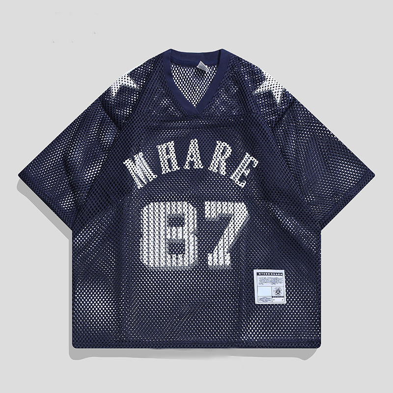 American Retro Hollow-Out Mesh Jersey Printed Short-Sleeve T-Shirt for Men and Women, New Summer Style, Loose Casual Couple Mesh Top