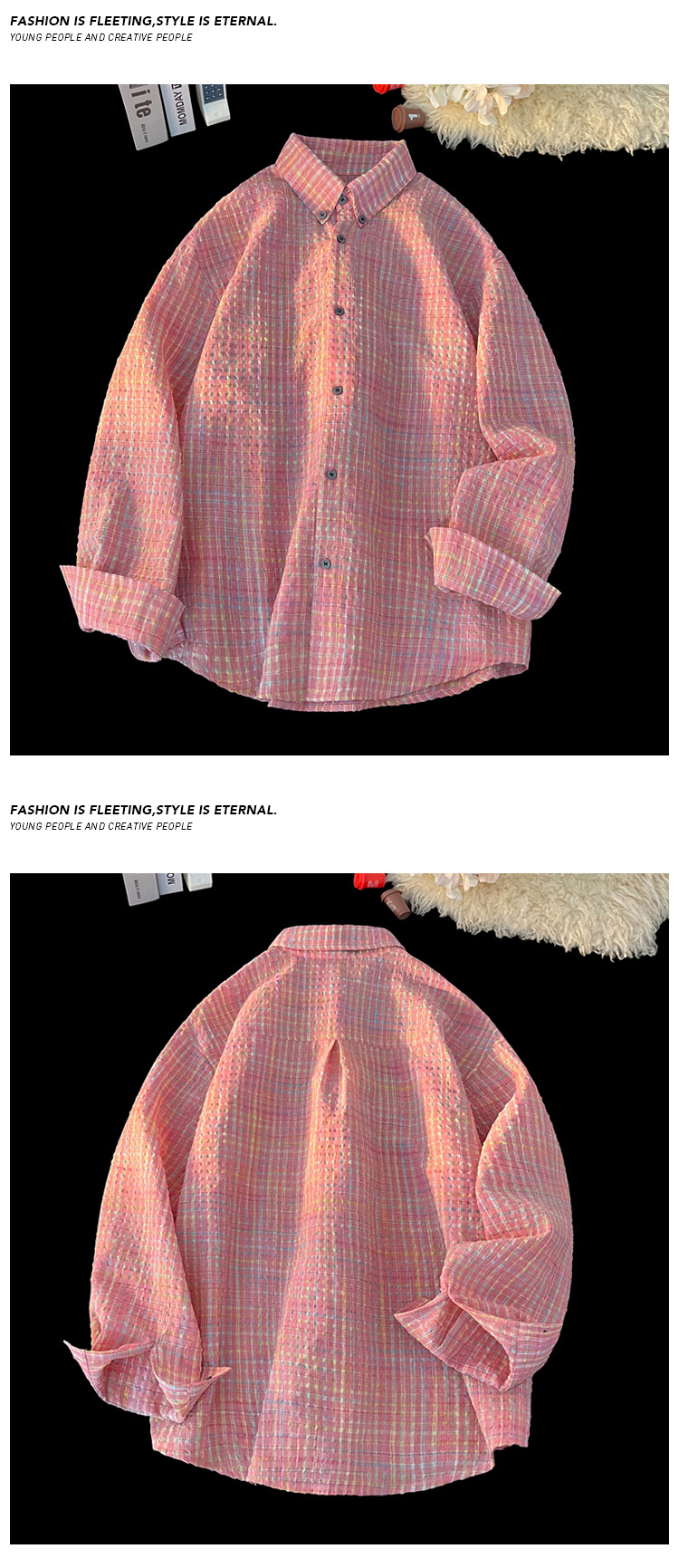 Checked Bubble Gauze Long Sleeve Shirt For Men Retro Style_voghion.com