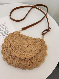Ins cotton woven bag hollow shoulder semi-circle straw bag women's lace cross-body holiday style beach bag cross-border