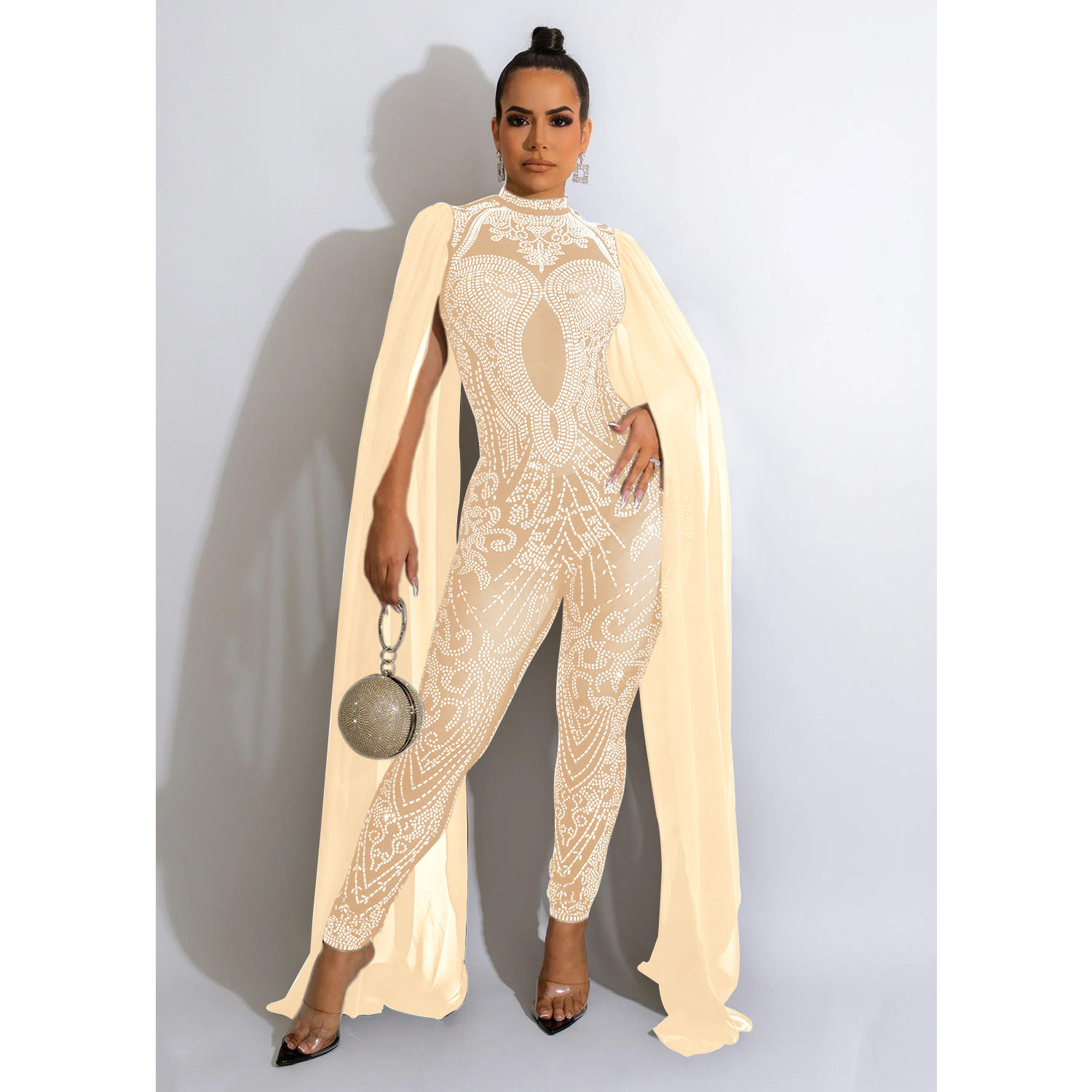 rhinestone mesh see-through sleeveless shoulder shawl jumpsuit NSXYZ138809