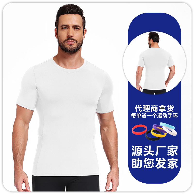 Camiseta de cuello redondo para hombre de doble bolsillo lateral de alta elasticidad y velocidad de secado transpirable camiseta de base deportiva de color sólido, delgada, manga corta image 8