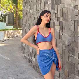 新款复古风小胸简约撞色显瘦比基尼三件套度假泡温泉泳衣女+披巾