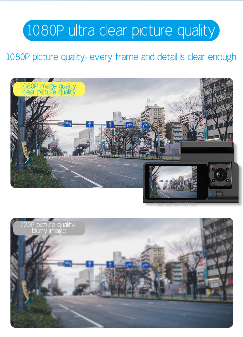 Cross-border driving recorder HD 1080P car front car rear 2 inch three-lens car camera A7WiFi