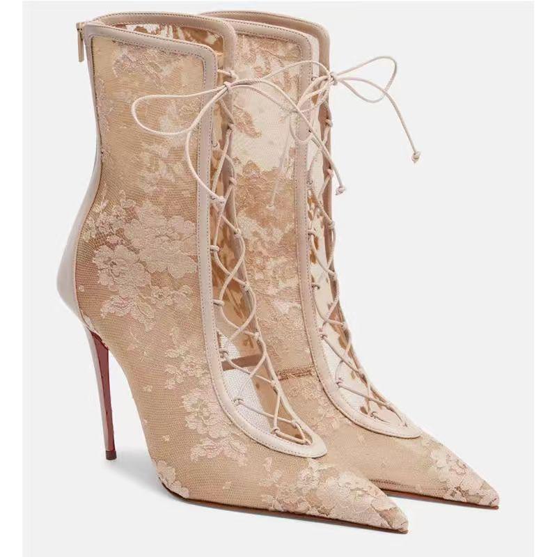 Lace Hollow-Out Pointed-Toe High-Heeled Short Boots for Women, Thin Heels, Lace-Up Mesh, Fashionable Wedding Shoes, New Cross-Border Foreign Trade