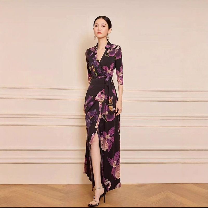 Elegant and Fashionable French Romantic Moonlight Purple Monet Flower Sleep Print Waist Slimming Wrap Dress