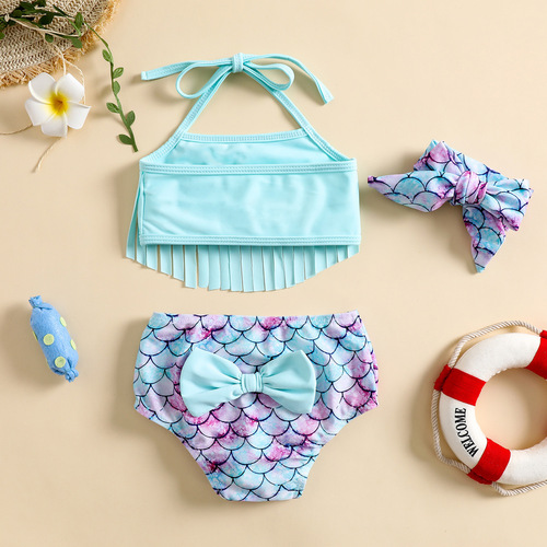 Mermaid baby girl girl tassels split swimming suit sunscreen princess sunscreen dress bubble sleeves upgrade little princess
