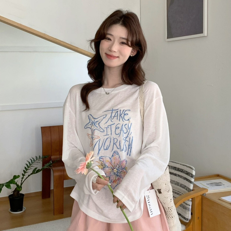 Susan Summer Lazy Style Relaxed Floral Letter Print Versatile Round Neck Sun Protection Long-Sleeved T-Shirt for Women Si369