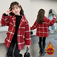 女童短款毛呢大衣外套2024新款夹棉加厚洋气儿童中长款外套批发