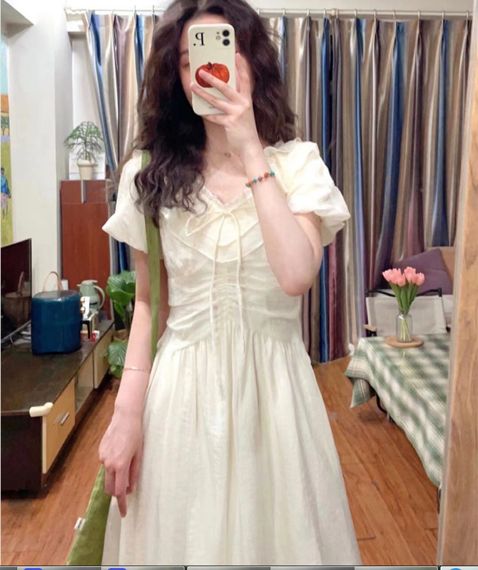 chic summer French elegant sweet double-layer ruffle collar lace-up waist slimming puff sleeve long dress