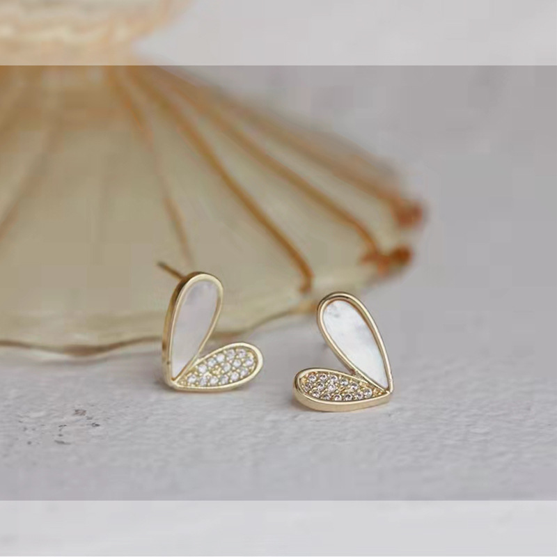 韩版2021新款S925银针镀真金对称心形爱心耳环镶嵌锆石耳钉耳饰女