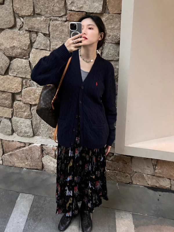 高品质RL拉夫绞花毛衣开衫经典休闲V领小马刺绣宽松百搭针织上衣|undefined