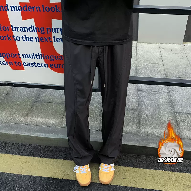 加绒加厚三防斜切冲锋裤男秋冬美式高街阔腿裤潮牌直筒宽松休闲裤