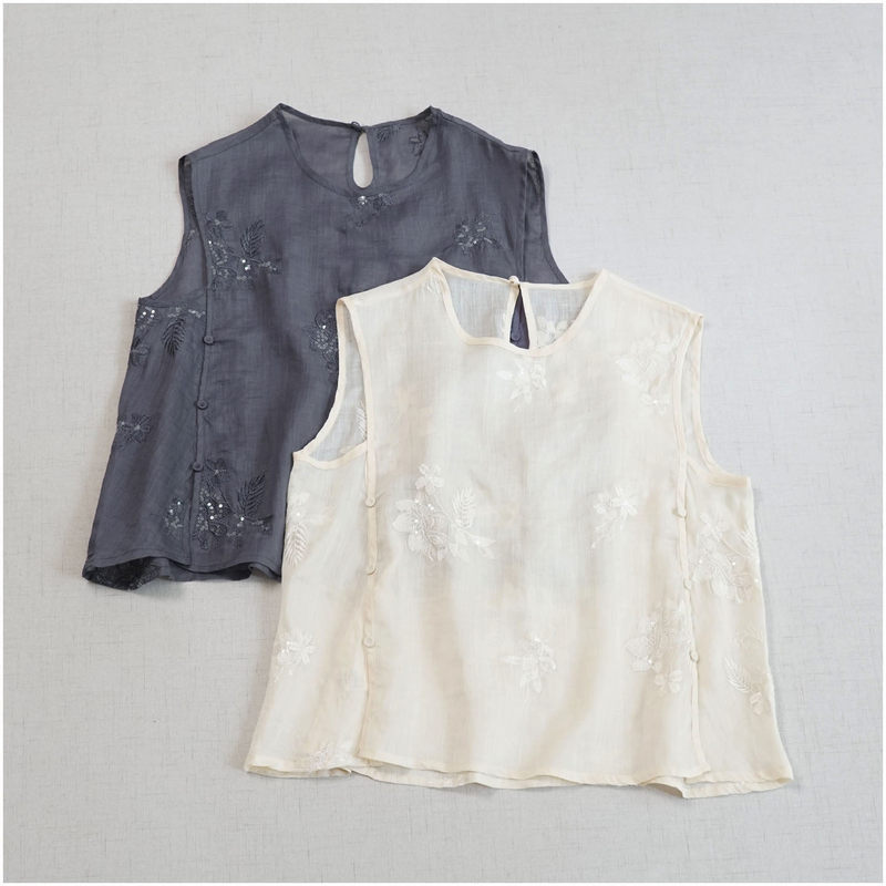 Thin, Light, and Sheer as a Veil, Sequin-Embroidered Ramie Vest, Versatile and Artistic, Simple and Cool Sleeveless Top for Women in Summer