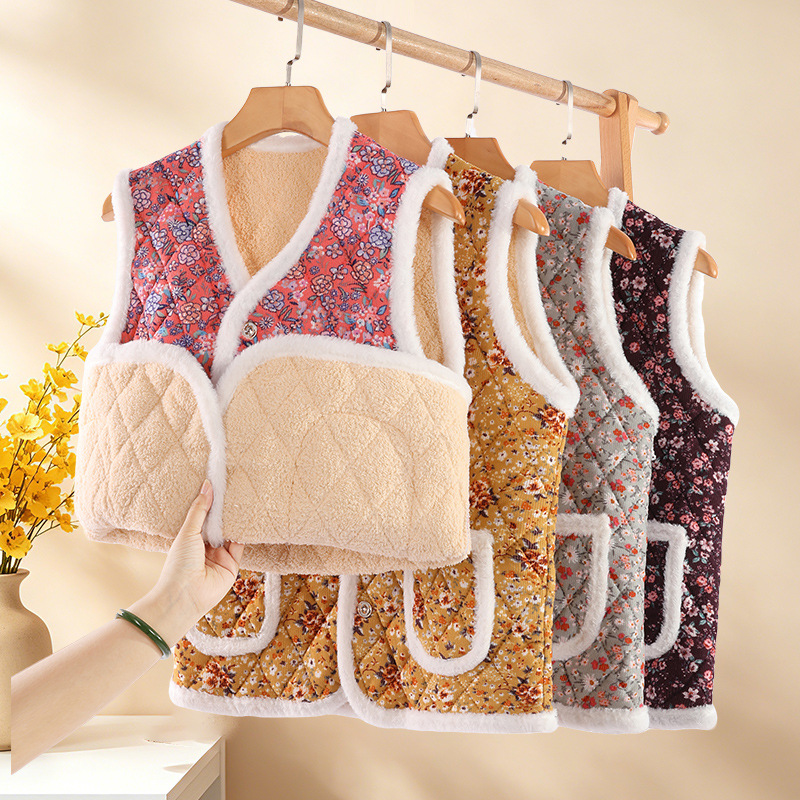 Floral Ethnic Style New Autumn and Winter Vest with Fleece, Thickened and Warm Corduroy Vest, Mother's Corduroy Vest