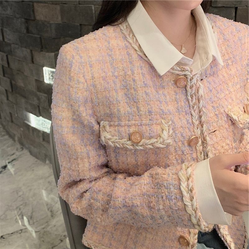 Pink Chanel-Style Jacket for Women, Spring and Autumn 2025 New Korean Sweet Socialite Style, Age-Reducing Tweed Short Top