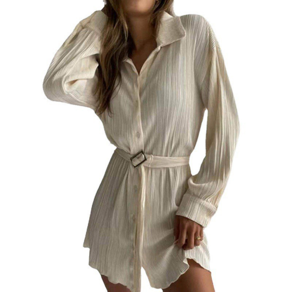 Women's Clothing 2024 women's new shirt collar fashion women's elastic waist pleated long sleeved lace up dress_mkmklike.com
