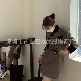 深圳南油高端女装欧美原单小香风丝绒拼色复古高级羊毛两件套套装