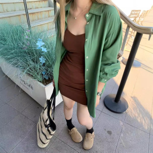 Plus Size Green Casual Long-Sleeved Shirt Autumn Loose High-End Elegant Versatile Simple Pure Color Top Jacket for Women