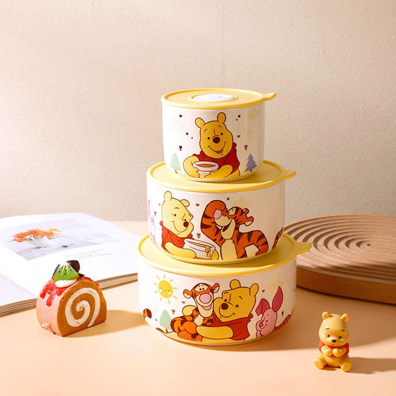 Winnie the Pooh Ceramic Preservation Bowl Three-Piece Set, Cute Sealed Bowl, Personalized Instant Noodle Bowl, Birthday Gift