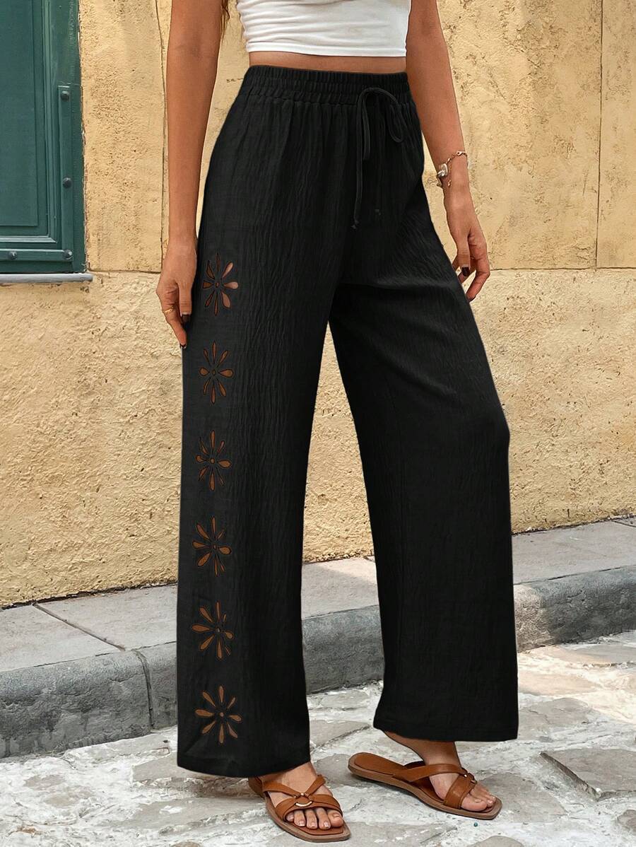 Women's Clothing Women's Casual Trousers Drawstring Hollow Out Solid Color Loose Wide Leg Pants Simple Style_ecoleips.com