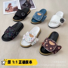 夏季新款厚底拉链书包魔术贴拖鞋女外穿时尚防滑牛仔布情侣一字拖