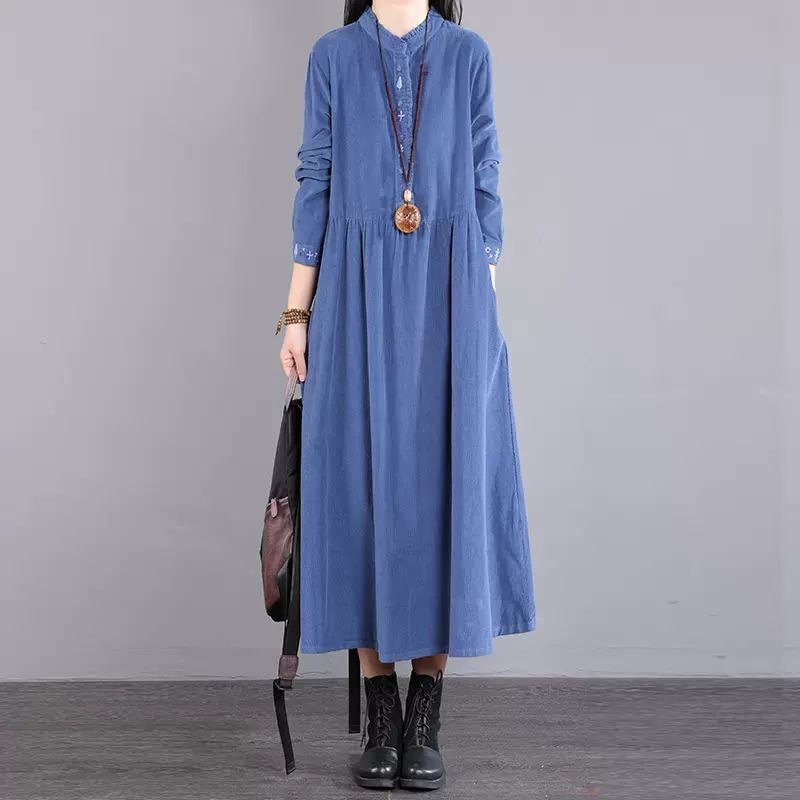 Literary Corduroy Dress for Women 2025 New Autum Loose Mid-Length Cuff Embroidered Skirt