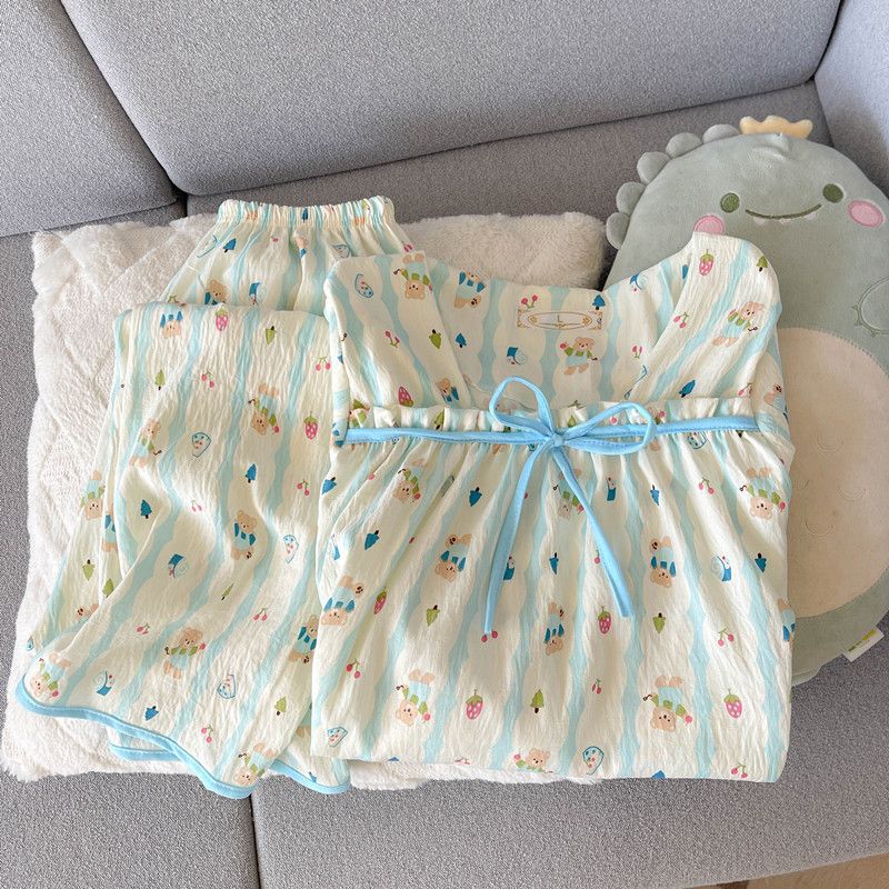 Venta al por mayor transfronteriza primavera y otoño nube pijamas de algodón pantalones de manga larga para mujer cuello cuadrado estilo princesa dibujos animados ropa para el hogar traje exterior