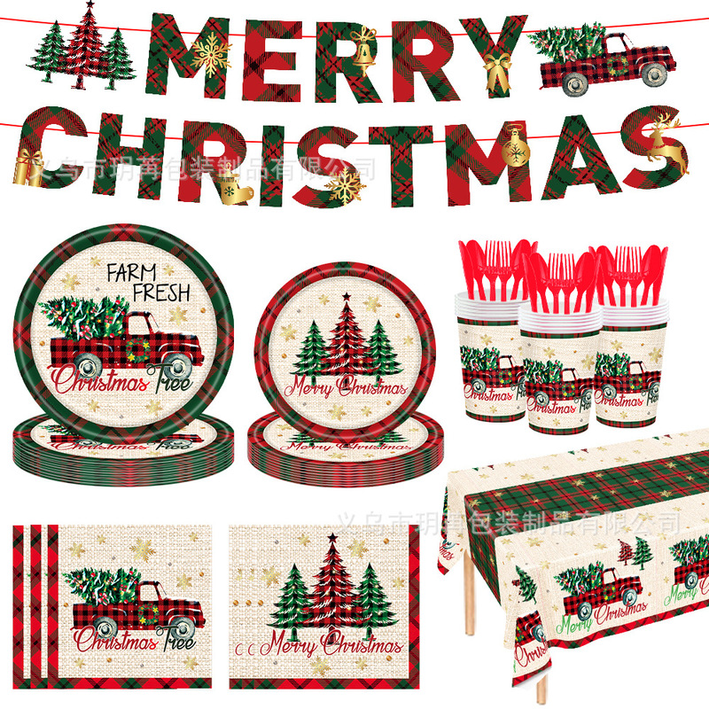 2024 New Christmas Party Decoration Supplies Plaid Christmas Tree Truck Disposable Paper Plate Cup Tissue Set