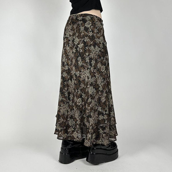 Vintage Antique Printed Contrast Color Low Waist Spice Girl Mesh Stitching Straight Skirt Long 2025 New