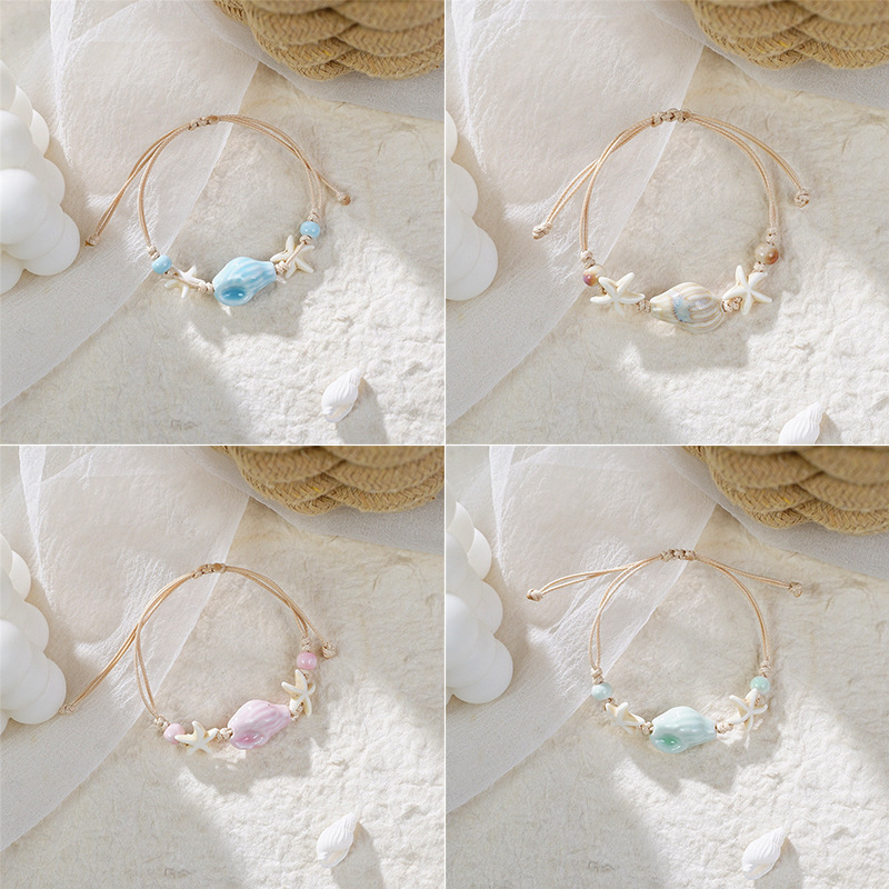 Ocean Series Hand-Woven Rope Ceramic Bracelet for Women, Cute Little Fresh Starfish Ceramic Conch Couple Woven Bracelet