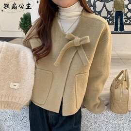 秋冬新款茶系穿搭小个子轻熟气质减龄短款毛呢外套阔腿裤两件套装