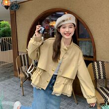 卡其色蕾丝拼接小个子短外套女小个子2025春新款工装收腰立领风衣