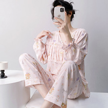 棉绸睡衣女士春秋薄款防凸点家居服甜美夏季长袖人造棉可外穿套装