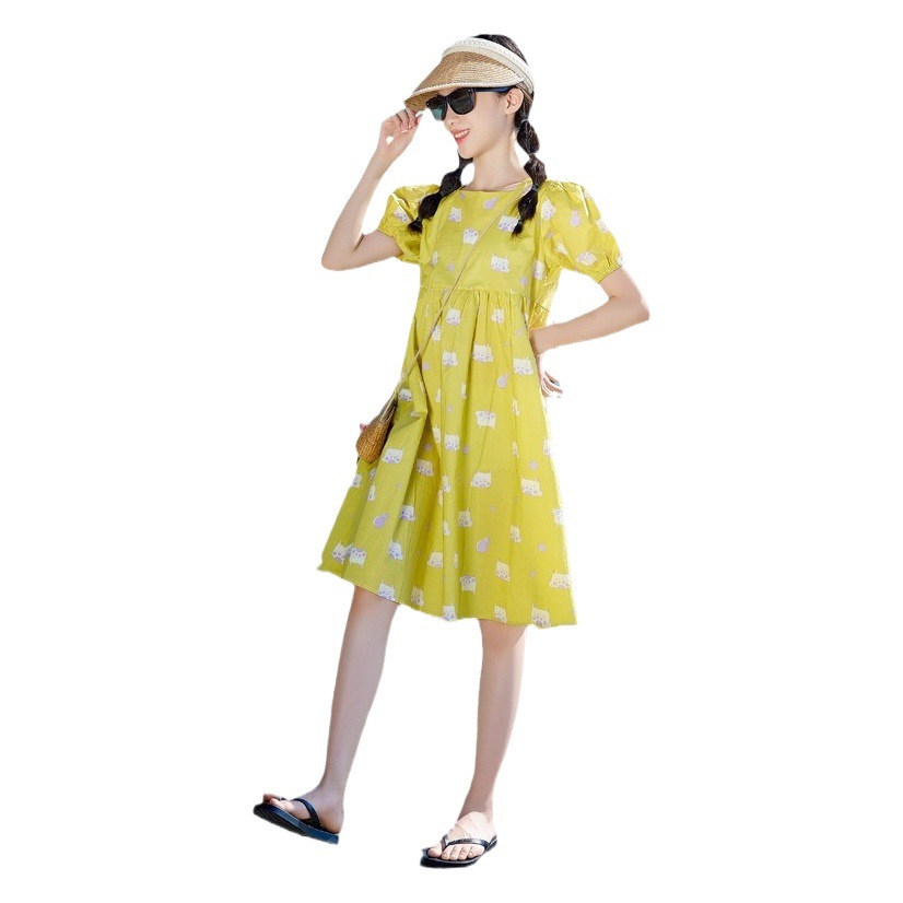 Vestido de las niñas de algodón de verano 2024 nuevos niños medianos y grandes casual de manga corta abstracta pequeña vaca princesa vestido de estilo coreano