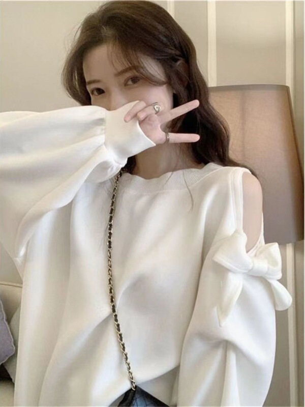 蝴蝶结长袖露肩卫衣女装秋季薄款大码无帽ins风辣妹中长款上衣|undefined