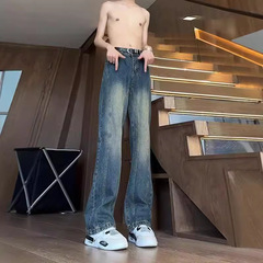 アメリカンレトロ風の微フレアデニムパンツ メンズ 春夏新作 トレンドブランド ピリュイシャオ（ピリュイシャオ）風 ハイストリート スプライス ゆったりストレートパンツ