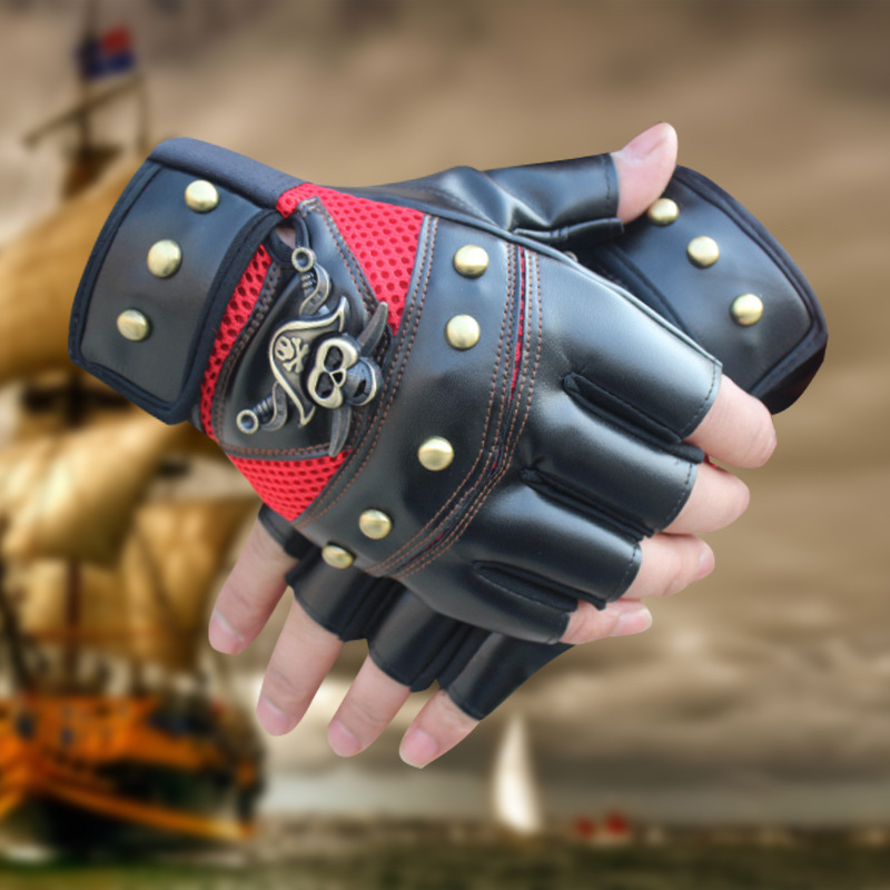 Guantes de cuero de medio dedo nuevos hombres y mujeres piratas al aire libre equitación Fitness Montañismo Rendimiento Ejercicio Rendimiento Deportivo Guantes de PU