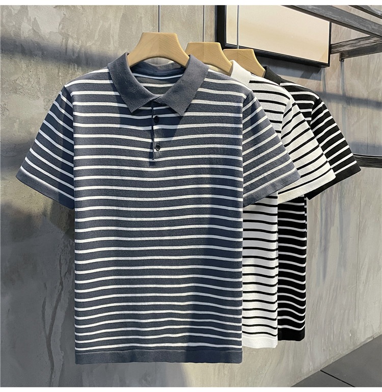 Men's Slim Fit Polo Shirt Striped Short Sleeve Ice Silk T-Shirt Business Casual Lapel Summer Top POLO Clothing_viptrois.com