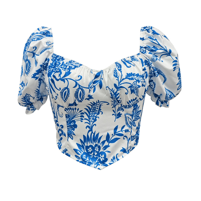 Venta caliente transfronteriza nuevo estilo francés retro estampado cuello cuadrado manga abullonada diseño sexy chaleco corto top