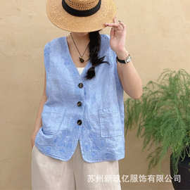 复古休闲大码坎肩2026春夏装新款简约百搭韩版V领马甲亚麻开衫